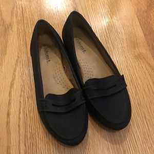 Black faux leather loafers. Perfect for work or shorts with a collared shirt.